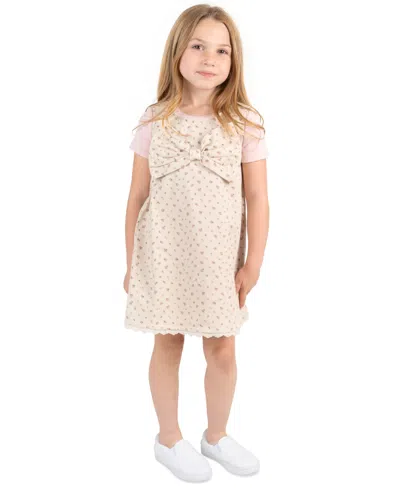 Rare Editions Kids' Girls' 2t-6x Printed Denim Jumper With Self Bow In Neutral
