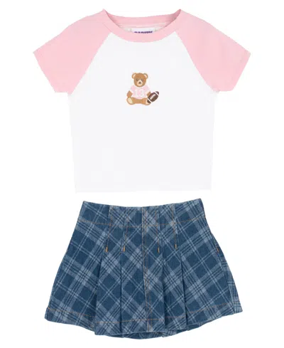 Rare Editions Kids' Girls' 2t-6x Raglan T-shirt And Plaid Denim Skirt, 2-piece Set In Pink