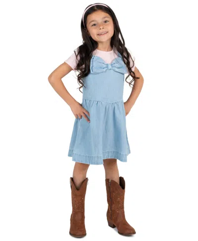 Rare Editions Kids' Girls' 2t-6x Ribbed Top And Denim Bow Jumper, 2-piece Set In Blue