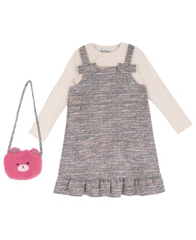 Rare Editions Kids' Girls' 2t-6x Rib-knit Long-sleeve Top, Jumper And Fuzzy Bear Bag, 3-piece Set In Gray