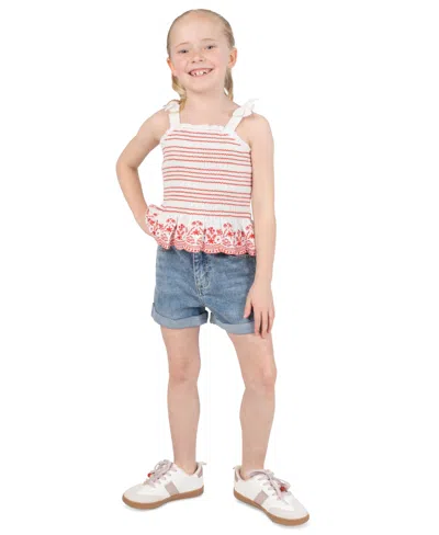 Rare Editions Kids' Girls' 2t-6x Smocked Ruffle Tank With Embroidery And Denim Shorts, 2-piece Set In Pink
