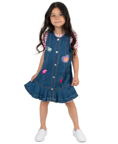 Rare Editions Kids' Girls' 2t-6x Striped T-shirt And Patch Denim Jumper, 2-piece Set In Blue