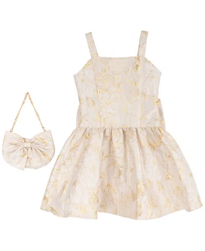 Rare Editions Kids' Girls' 4-16 Brocade Princess Bodice Square Neck Fit & Flare Metallic Floral Dress In Brown