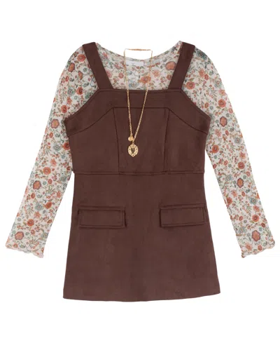 Rare Editions Kids' Girls' 4-16 Faux-suede Square-neck Floral-print Jumper, Top And Necklace, 3-piece Set In Brown