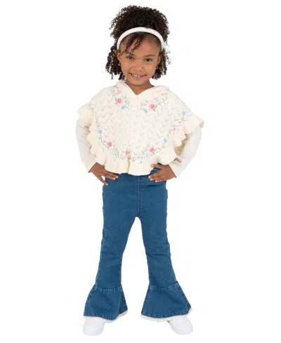 Rare Editions Kids' Girls' 4-16 Floral-print Pointelle-knit Flare Denim Top And Pants, 2-piece Set In White