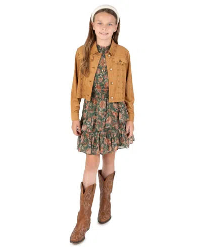 Rare Editions Kids' Girls' 4-16 Floral-print Tiered-ruffle Dress With Faux Suede Jacket And Necklace, 3-piece Set In Green