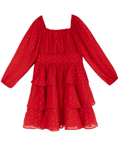 Rare Editions Kids' Girls' 4-16 Long-sleeve Square-neck Tiered Dress In Burgundy