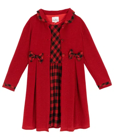 Rare Editions Kids' Girls' 4-16 Lurex-knit Buffalo-check Bow Coat And Dress, 2-piece Set In Burgundy