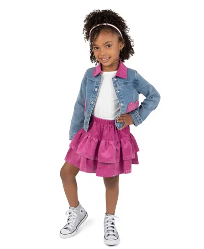 Rare Editions Kids' Girls' 4-6x Rhinestone Denim Jacket, T-shirt, And Corduroy Skirt, 3-piece Set In Blue