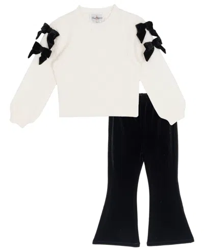 Rare Editions Kids' Girls' 4-6x Textured-knit Velvet-bow Flared-leg Top And Pants, 2-piece Set In Multi