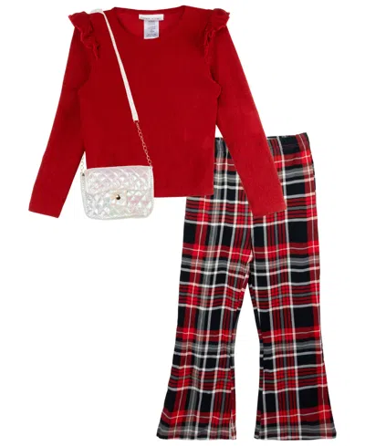 Rare Editions Kids' Girls 4t-6x Long-sleeve Top, Purse And Pants, 3-piece Set In Red