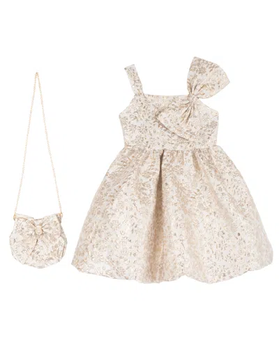 Rare Editions Kids' Girls' 4t-6x Brocade Bow Strap Dress With Matching Handbag In Brown