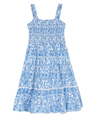 Rare Editions Kids' Girls' 4t-6x Printed Woven Smocked Midi Dress In Blue