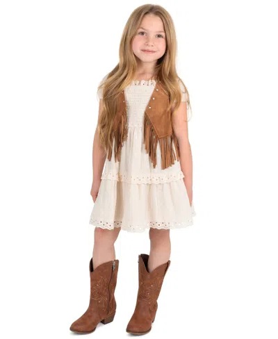 Rare Editions Kids' Girls' 4t-6x Suede Fringe Vest And Clip Dot Cotton Puff Sleeve Dress, 2-piece Set In Gold