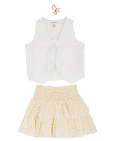 Rare Editions Kids' Girls' 7-12 Eyelet Vest, Cami And Floral Skort, 3-piece Set In Yellow