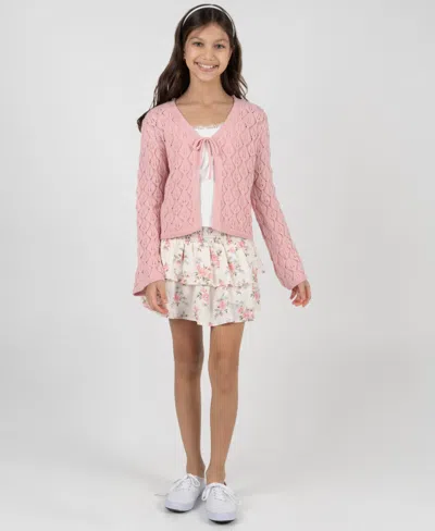 Rare Editions Kids' Girls' 7-12 Long-sleeve Crochet Cardigan, Cami And Skort, 3-piece Set In Pink