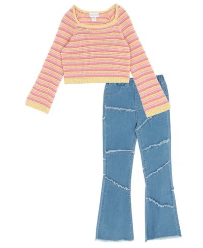 Rare Editions Kids' Girls' 7-12 Long-sleeve Crochet Sweater And Flare Jeans, 2-piece Set In Multi