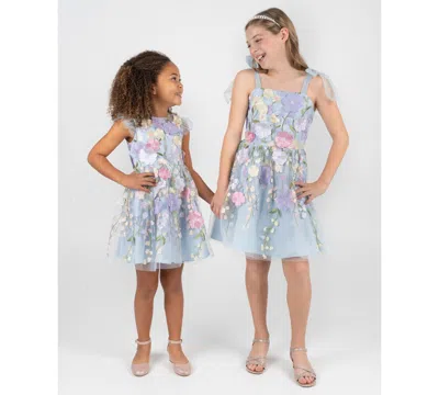 Rare Editions Kids' Girls' 7-16 3d Floral Embroidered Mesh Tie Strap Dress In Blue