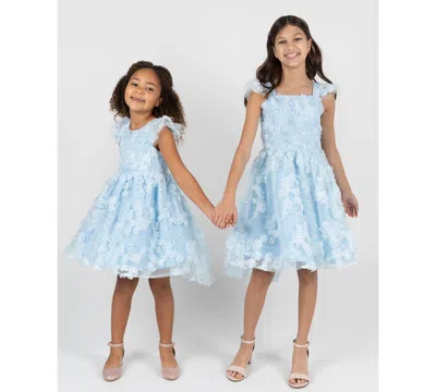 Rare Editions Kids' Girls' 7-16 Blue Floral Soutache Flutter Strap Dress