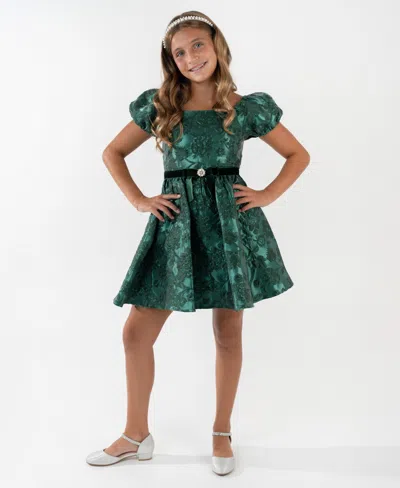 Rare Editions Kids' Girls 7-16 Brocade Puff Sleeves Dress In Green