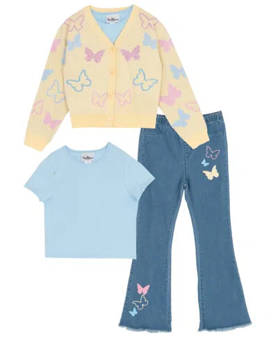 Rare Editions Kids' Girls' 7-16 Button Down Sweater With T-shirt And Flare Pants, 3-piece Set In Blue