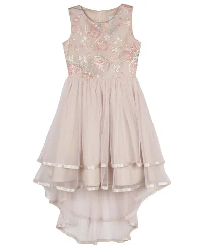 Rare Editions Kids' Girls 7-16 Embellished Mesh Bodice And Tiered Sleeveless Hi-low Skirt Dress In Neutral