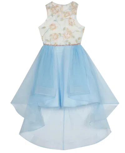 Rare Editions Kids' Girls' 7-16 Embroidered Mesh Illusion Bodice High-low Dress In Blue