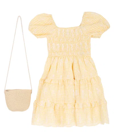 Rare Editions Kids' Girls' 7-16 Eyelet Smocked Square Neck Dress And Bag, 2-piece Set In Neutral