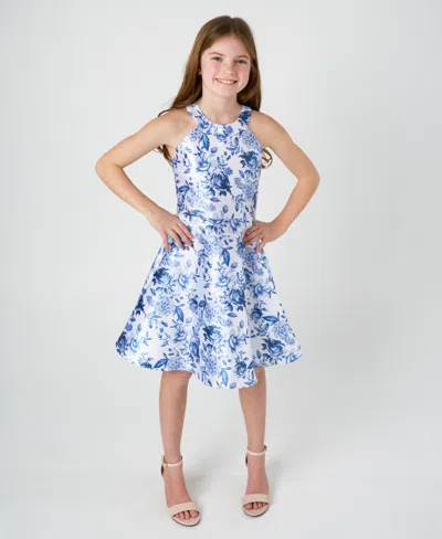 Rare Editions Kids' Girls' 7-16 Floral Mikado Sleeveless Dress In Blue