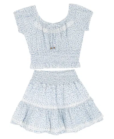 Rare Editions Kids' Girls' 7-16 Floral Printed Smocked Top And Skort, 2-piece Set In Blue
