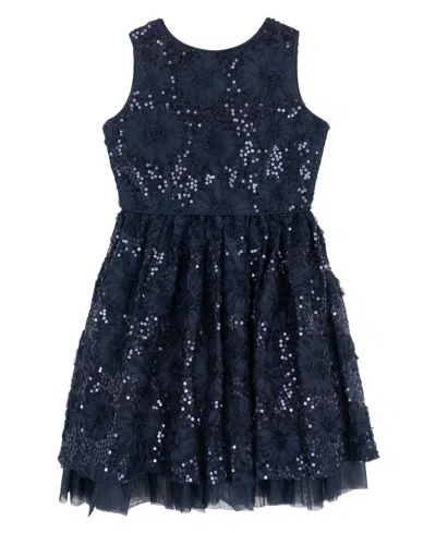 Rare Editions Kids' Girls 7-16 Floral Soutache With Sequin Round Neck Dress In Blue