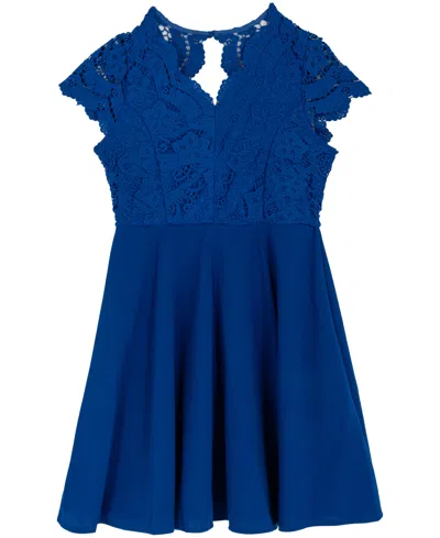 Rare Editions Kids' Girls 7-16 Lace And Scuba Crepe Skater Short-sleeve Dress In Blue