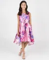 Rare Editions Girls 7-16 Printed Mikado Pleated Hi-low Dress With Back Bow In Multi