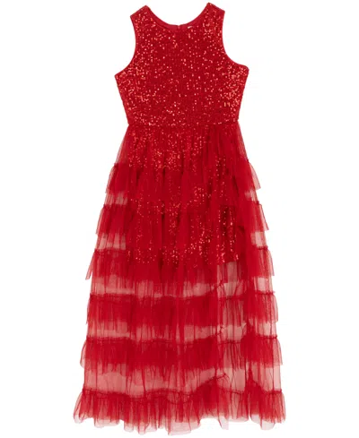 Rare Editions Kids' Girls 7-16 Sequin Mesh Walk Through Sleeveless Dress In Red