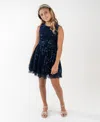 Rare Editions Girls 7-16 Sequin Velvet Sleeveless Dress In Blue