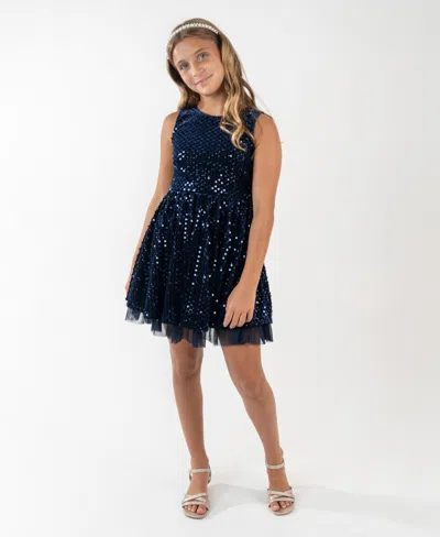 Rare Editions Kids' Girls 7-16 Sequin Velvet Sleeveless Dress In Blue