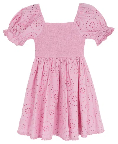 Rare Editions Kids' Girls' 7-16 Smocked Eyelet Square Neck Dress In Pink