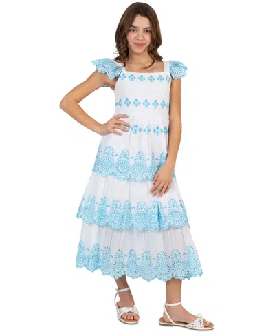 Rare Editions Kids' Girls' 7-16 Smocked Square Neck Dress In Blue