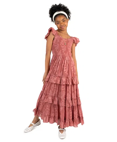Rare Editions Kids' Girls' 7-14 Burnout Chiffon Smocked Sweetheart Neck Tiered Maxi Dress In Red