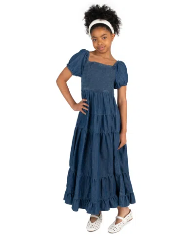 Rare Editions Kids' Girls' 7-14 Chambray Puff Sleeve Tiered Midi Dress With Keychain In Blue