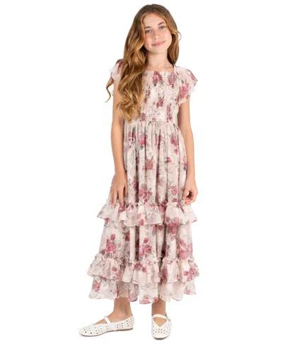 Rare Editions Kids' Girls' 7-14 Embroidered Burnout Chiffon Floral Sleeveless Maxi Dress In Neutral
