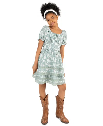 Rare Editions Kids' Girls' 7-14 Floral Linen 2-tier Skirt Dress In Green