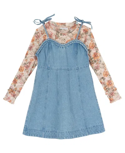 Rare Editions Kids' Girls' 7-14 Floral Top And Denim Jumper, 2-piece Set In Blue