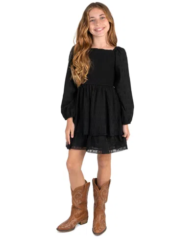 Rare Editions Kids' Girls' 7-14 Textured Clip Dot Smocked Bodice Long-sleeve Dress In Black