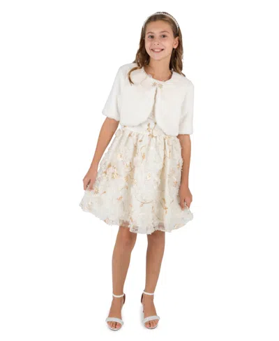 Rare Editions Kids' Girls' 7-16 3d Floral Holiday Faux Fur Bolero And Dress, 2-piece Set In White