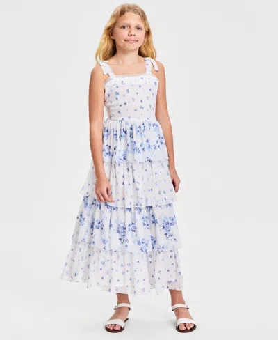 Rare Editions Kids' Girls' 7-16 Beaded Soutache Square Neck Dress In Blue,white