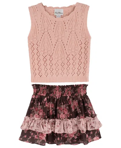 Rare Editions Girls' 7-16 Floral Crochet Sweater Vest And Tiered Skort, 2-piece Set In Pink