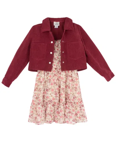 Rare Editions Kids' Girls' 7-16 Floral Lurex Chiffon Dress And Corduroy Jacket, 2-piece Set In Pink