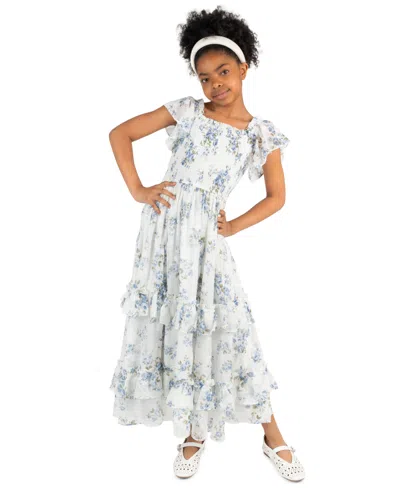 Rare Editions Kids' Girls' 7-16 Floral Print Chiffon Smocked Flutter Sleeve Midi Dress In Multi