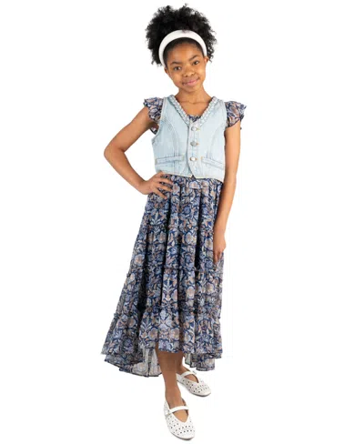 Rare Editions Kids' Girls' 7-16 Floral Print Sleeveless Dress And Denim Vest, 2-piece Set In Blue